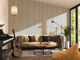 A modern living room featuring natural Wooden slat panels, two round coffee tables, a couch, a piano and a guitar