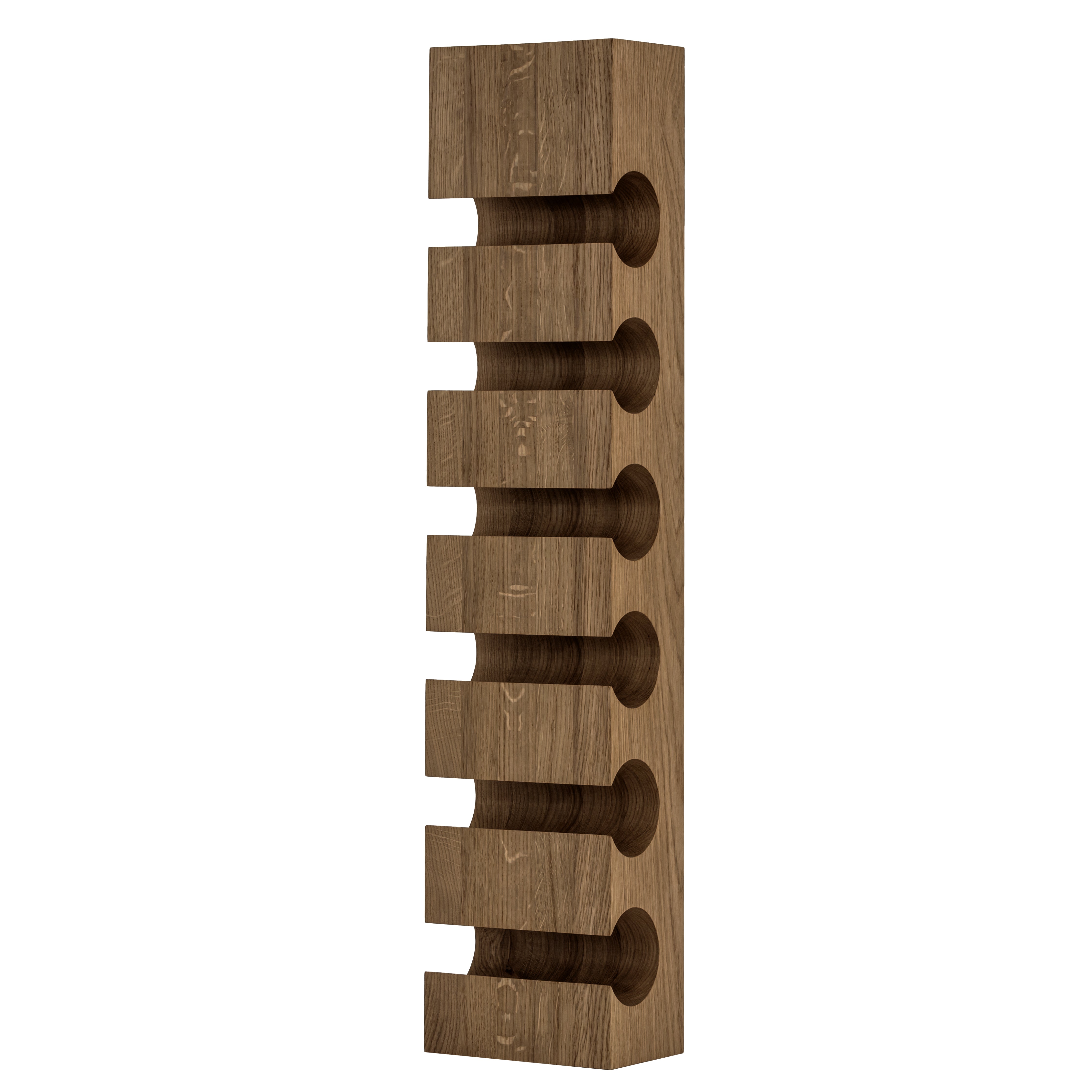 Solid oak wine rack VALGE for six bottles with a darker finish on a white background