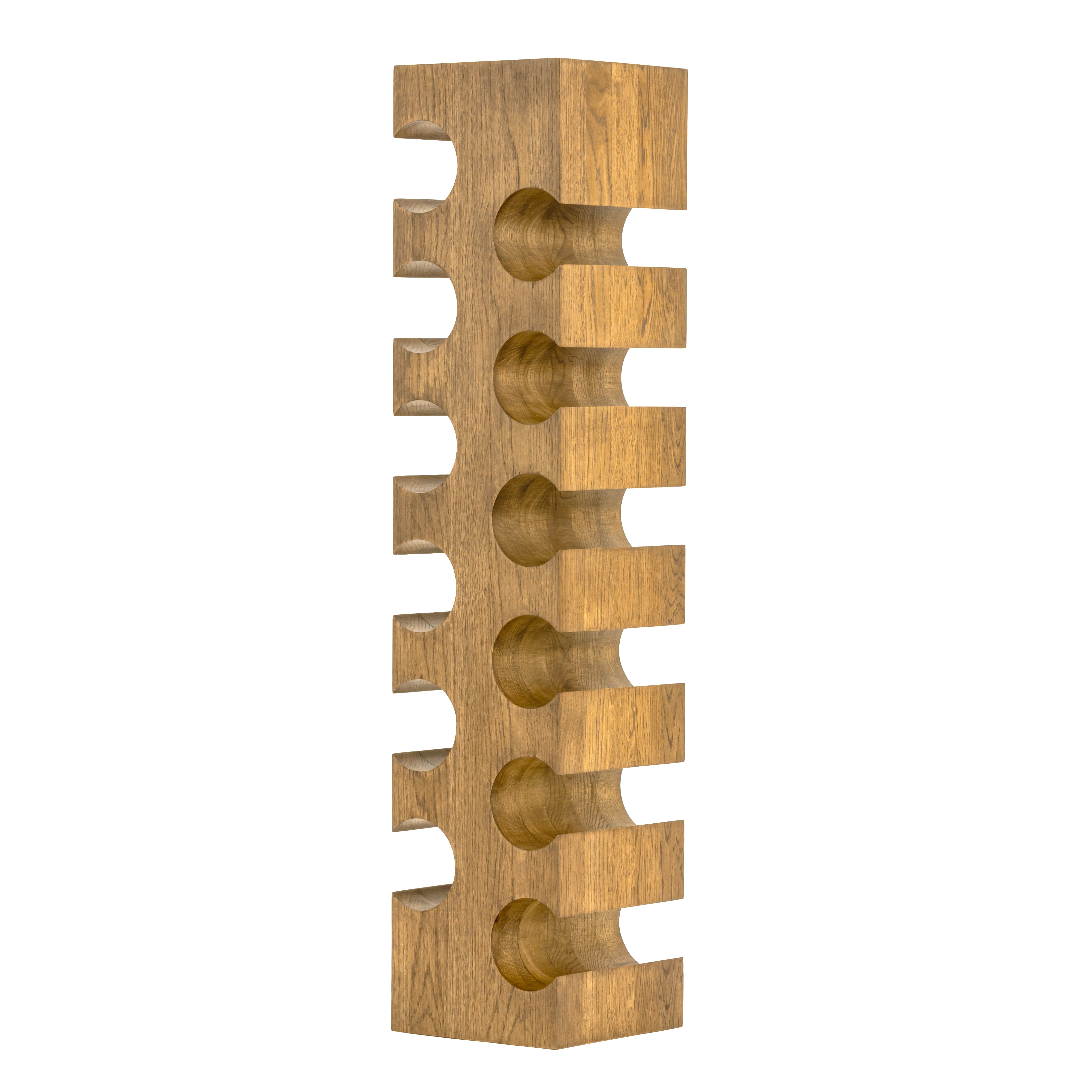 Solid wood wine rack with natural finish for twelve bottles on a white background