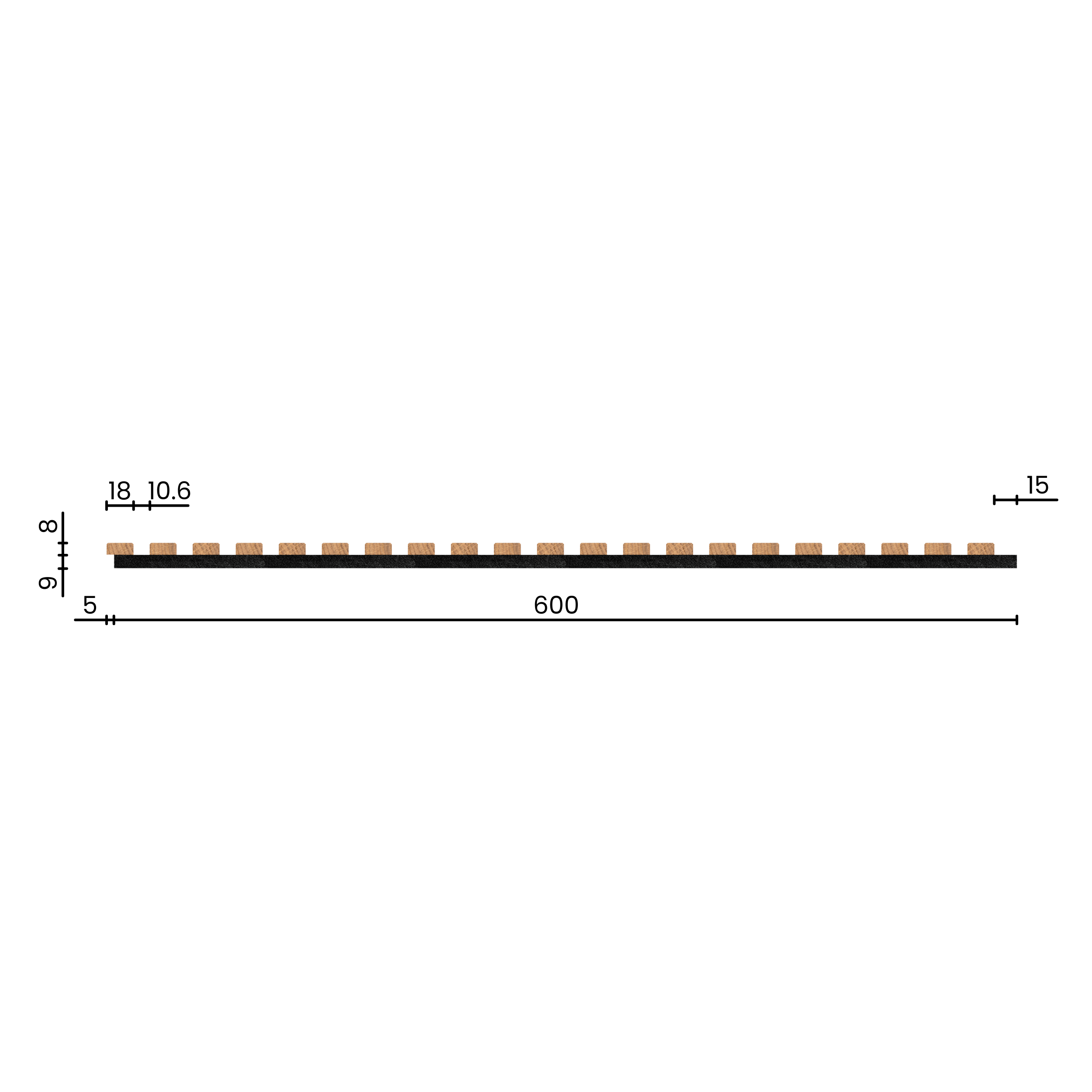 Decorative Solid Birch Wood Acoustic Panel 2400x600mm - 18mm Slats, Black Felt Backing