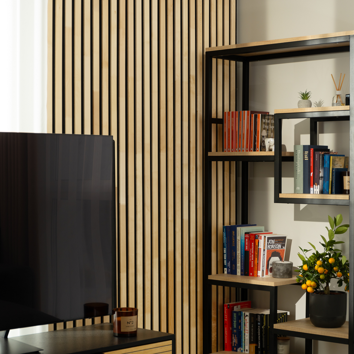 Decorative Solid Birch Wood Acoustic Panel 2400x600mm - 40mm Slats, Black Felt Backing