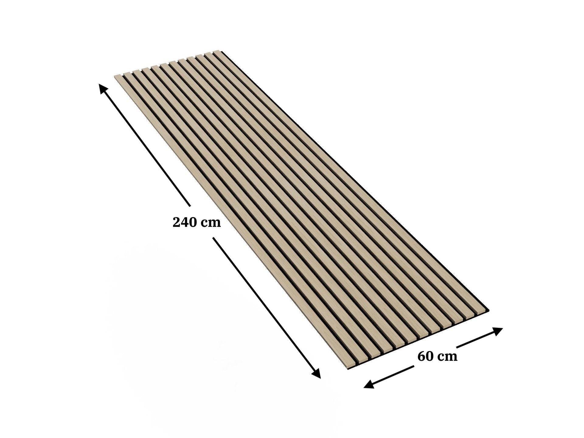 Solid Wood Wall Slat Panels with measurements on a white background