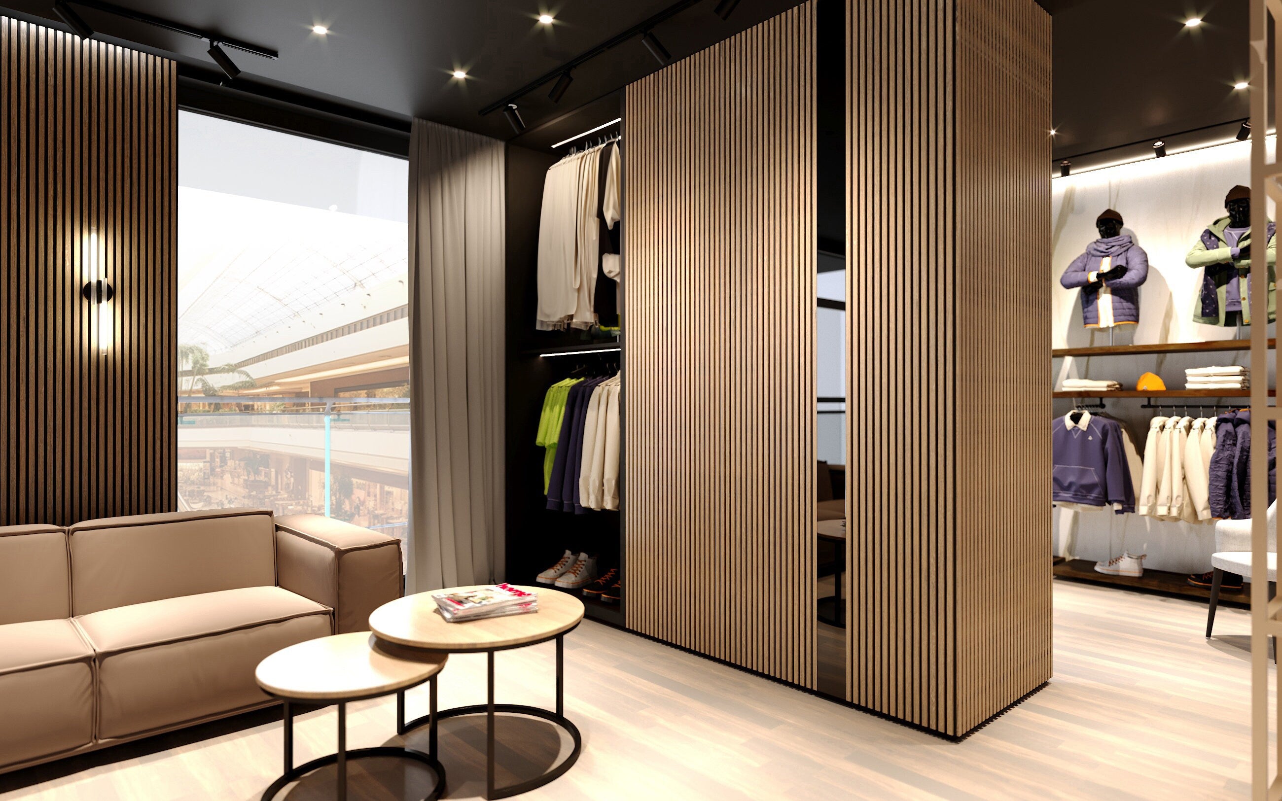 A modern and cozy closet space with dark solid wood acoustic panels and round coffee tables with a light couch in the background