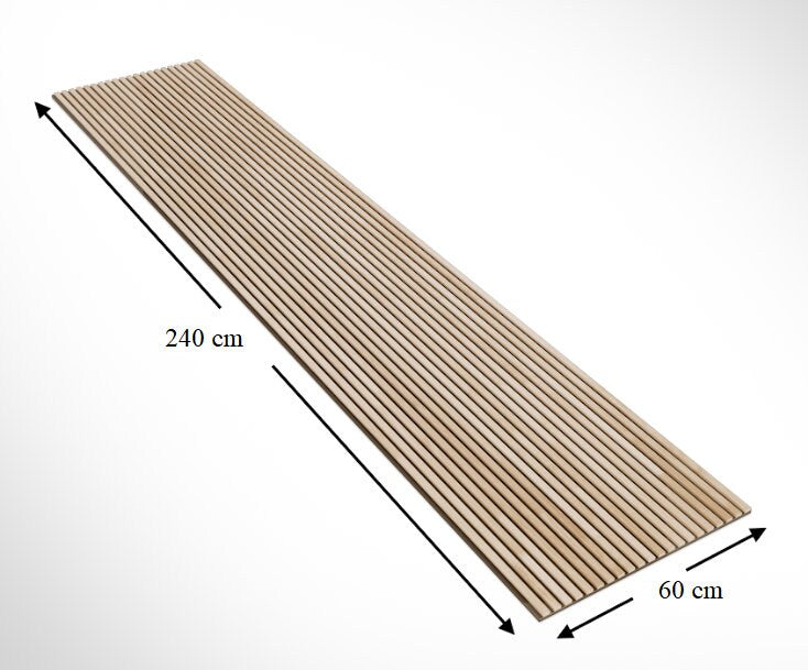 Solid Wood Wall Slat Panels with measurements on a white background