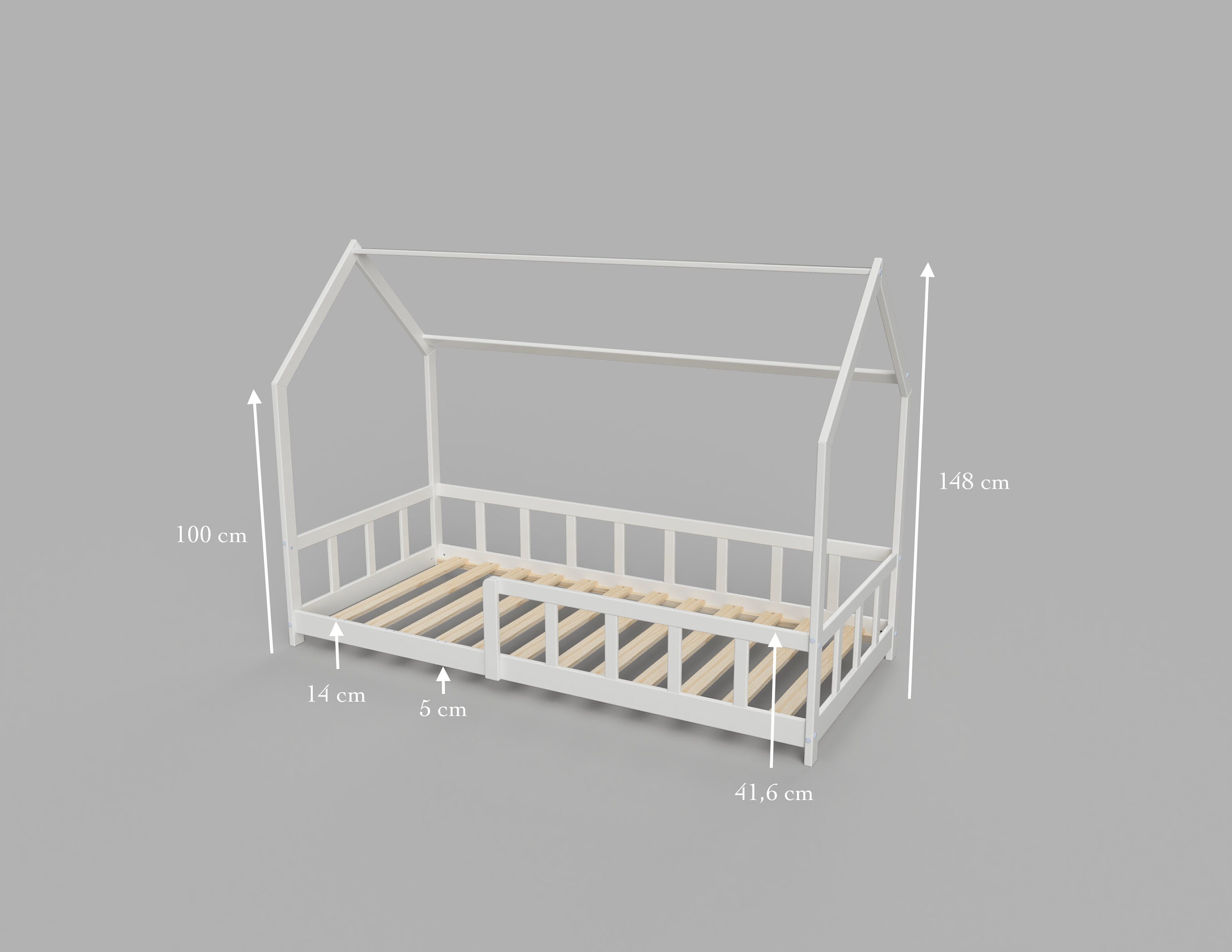 Measurements of the white Montessori House bed with barriers