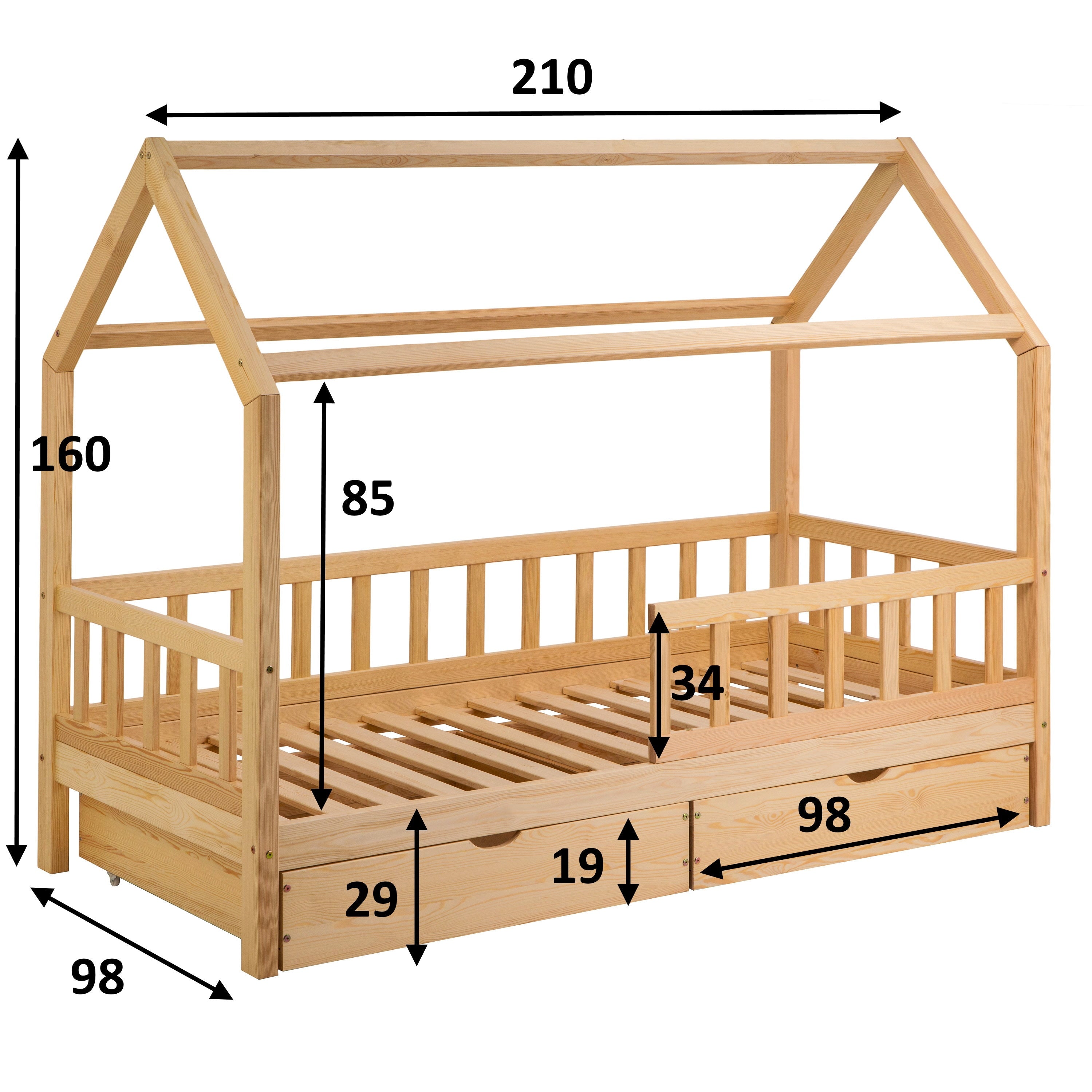 Natural Montessori bed ÖÖBIK with measurements on a white background